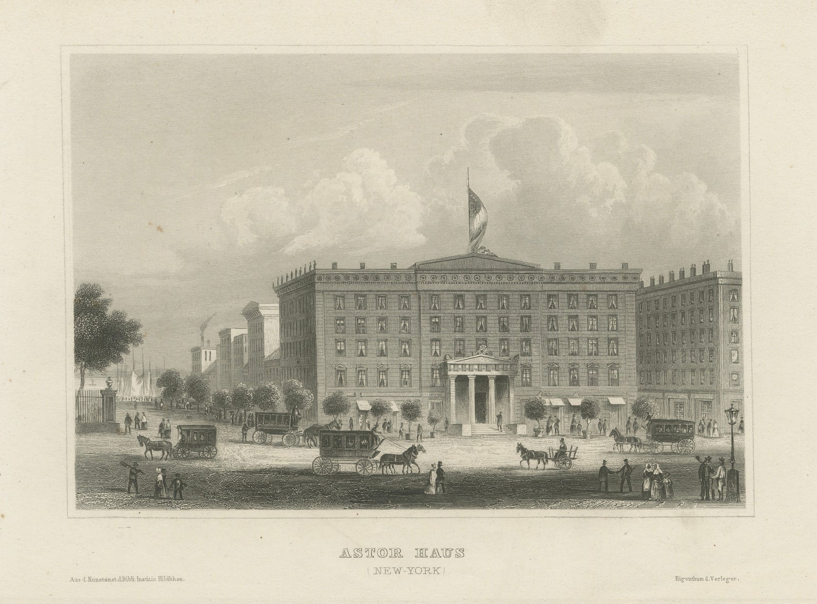 Astor House New York, Antique Broadway Hotel Steel Engraving 1850s