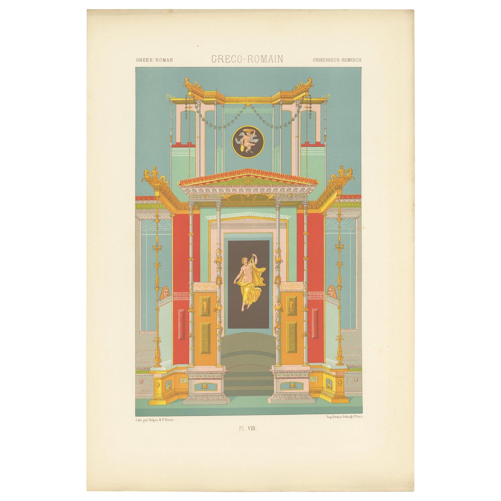 Antique Chromolithograph Print of Greek Roman Ornaments, Circa 1890