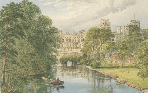 Warwick Castle River View, English Castle Landscape Engraving, c1850, close-up 1