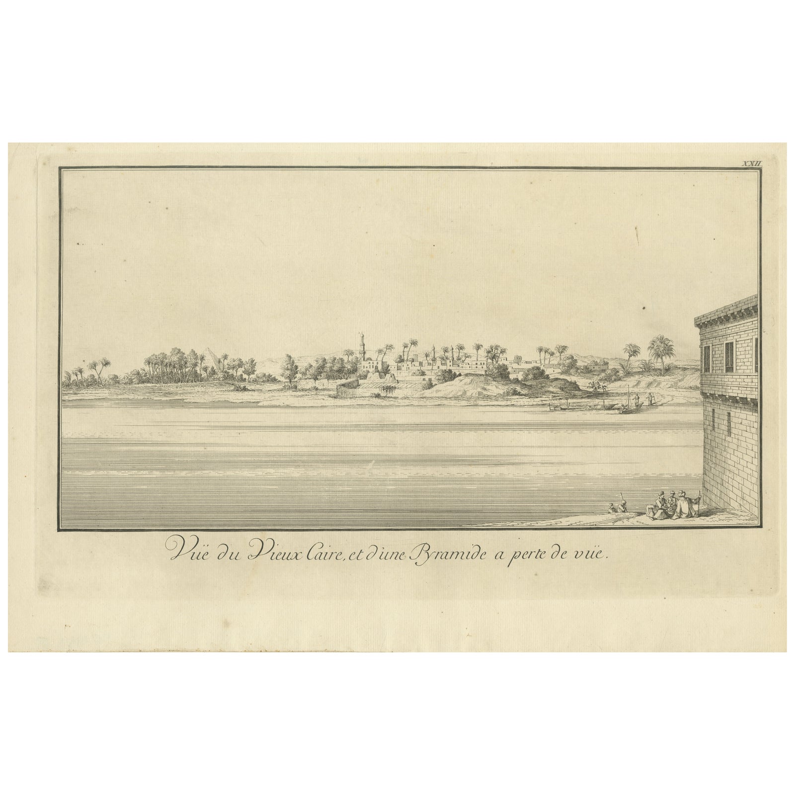 Old Cairo on the Nile with Distant Pyramids, Antique Egypt Engraving, c.1755