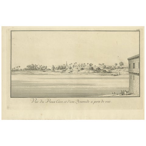 Old Cairo on the Nile with Distant Pyramids, Antique Egypt Engraving, c.1755