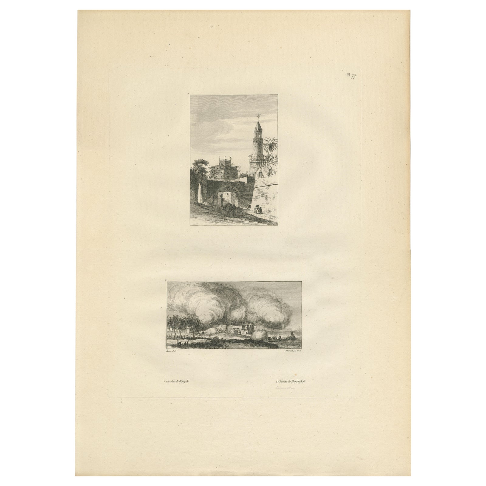 Egyptian City Architecture with Tower, Denon Engraving, 1802
