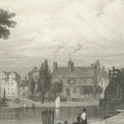 Reflective Waters and Bygone Days: The Hampton Court Bridge Engraving, 1835, close-up 5