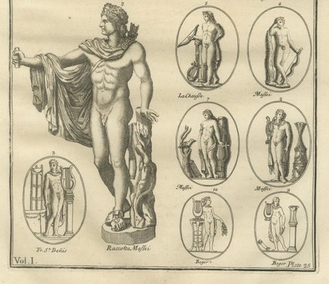 Classical Marble Statues, Apollo and Nude Figures, Montfaucon Antiquity, 1721, close-up 2
