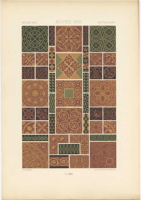 Pl. 46 Antique Print of Middle Ages Ornaments by Racinet, circa 1890, view 2