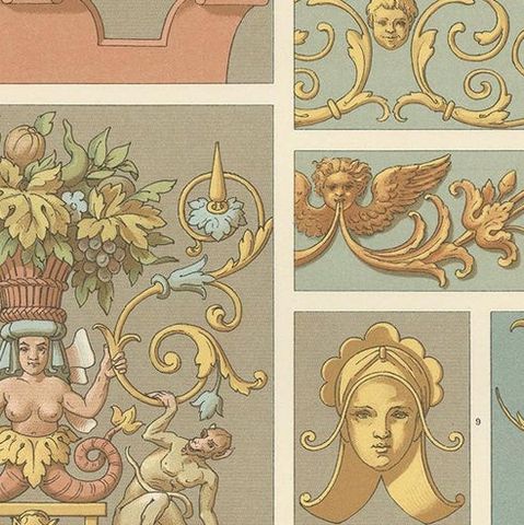 Pl. 95 Antique Print of Renaissance Ornament from Flemish, Racinet 'circa 1890', close-up 1