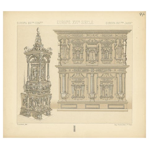 Pl. 47 Antique Print of European XVIth Century Decorative Objects by Racinet