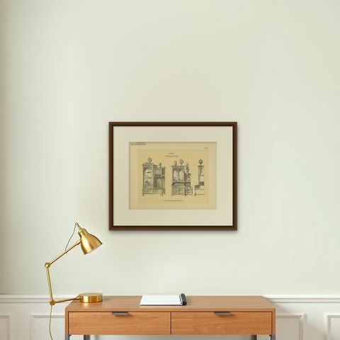 Pl. 66 Antique Print of Library Furniture by Kramer, circa 1910, shown framed on a wall, true to size
