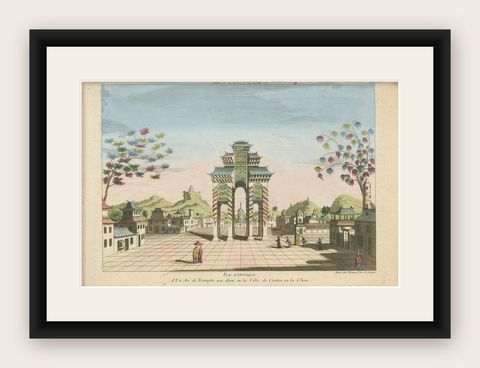 Antique Print of a Triumphal Arch in Guangzhou by Beauvais, circa 1700, shown framed