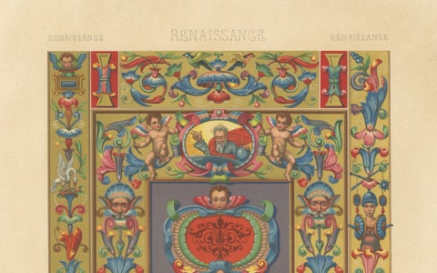 Renaissance Ornament Print, “Por la Gracia de Dios” with Cherubs & Scrollwork, close-up 1