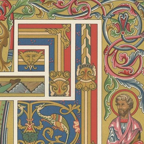 Pl. 51 Antique Print of Middle Ages Manuscripts Decoration by Racinet, close-up 1