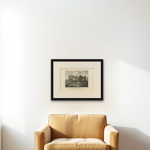 Antique Print of Beverston Castle by Byrne, '1778', shown framed on a wall, true to size