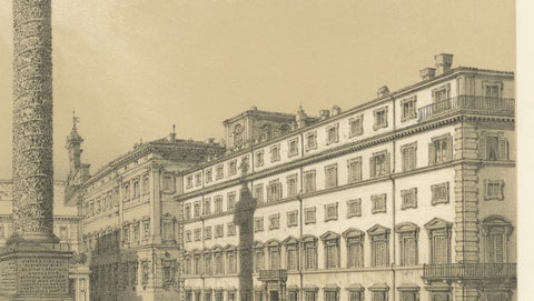 Piazza Colonna and Column of Marcus Aurelius, Rome, Benoist 1869 Lithograph, close-up 6