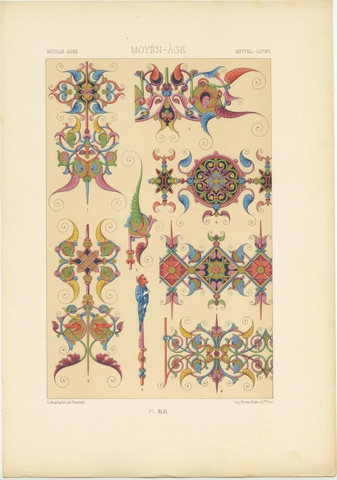 Pl. 42 Antique Print of Middle Ages Ornaments by Racinet, circa 1890, view 4