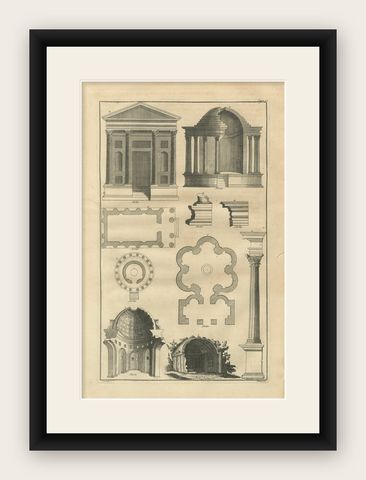 Antique Neoclassical Architecture Engraving by Montfaucon, 1721, shown framed
