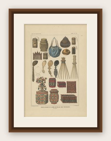 Antique Print with Various Furniture of Timor ‘Indonesia’, Temminck, circa 1840, shown framed