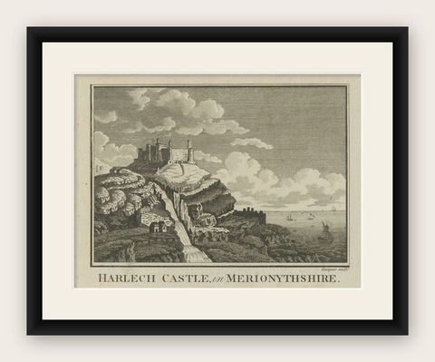 Antique engraving of Harlech Castle, Merionethshire, published by A.Hogg, c.1790, shown framed
