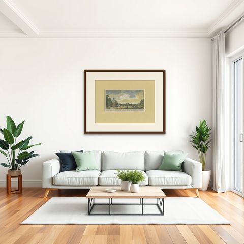 Antique Print of the 'Overton Estate' Near Haarlem by Van Noorde, 1763, shown framed in a room, true to size