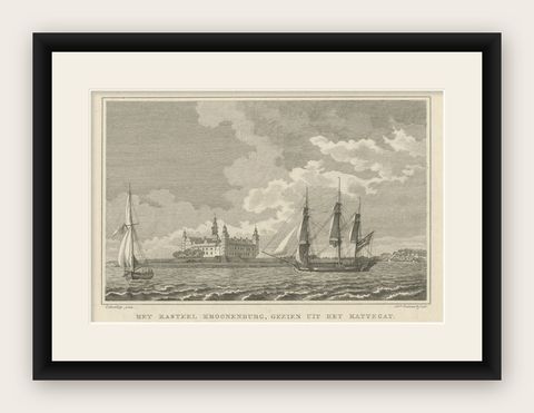 Original Antique Print with a View of Kronborg Castle, Seeland, Denmark, 1826, shown framed