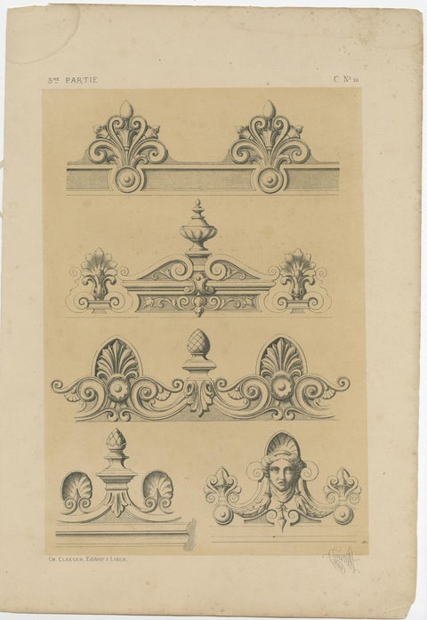 Set of 5 Antique Prints Depicting Various Ornaments by Claesen, circa 1866, view 3