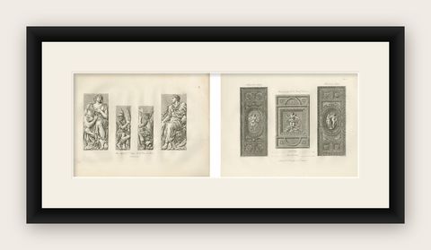 Antique Louvre Sculptures & Institut Ceiling Ornament Prints, Baltard 1803, shown framed