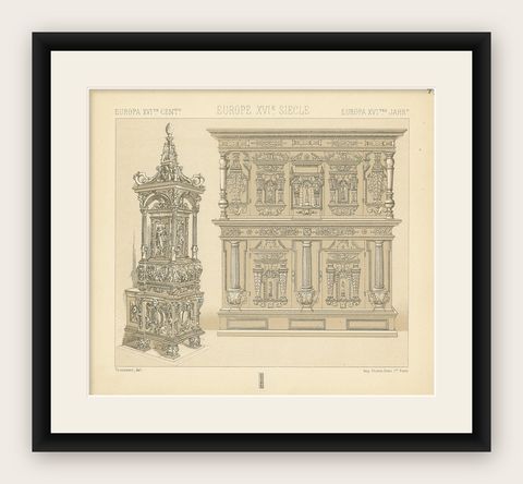 Pl. 47 Antique Print of European XVIth Century Decorative Objects by Racinet, shown framed
