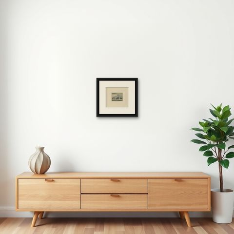 Antique Print of 'Huis Waterloozewerve' Castle in Aagtekerke, the Netherlands, shown framed on a wall, true to size