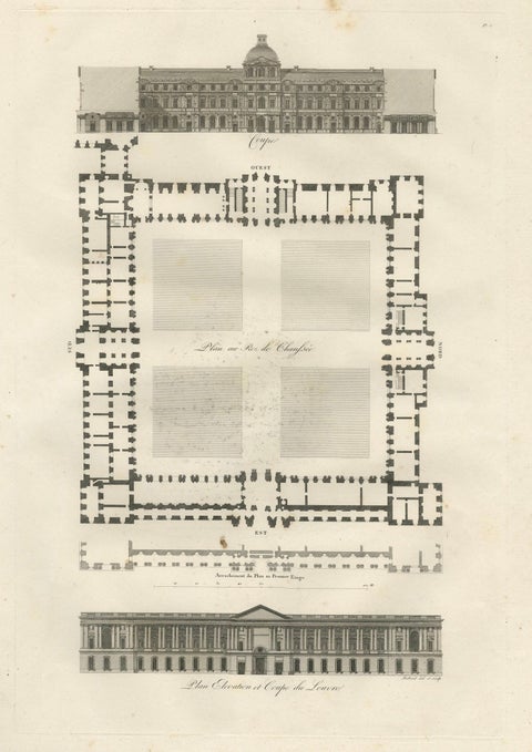 Antique French Architectural Engravings Pair, Baltard Louvre Plates, Paris 1803, close-up 4