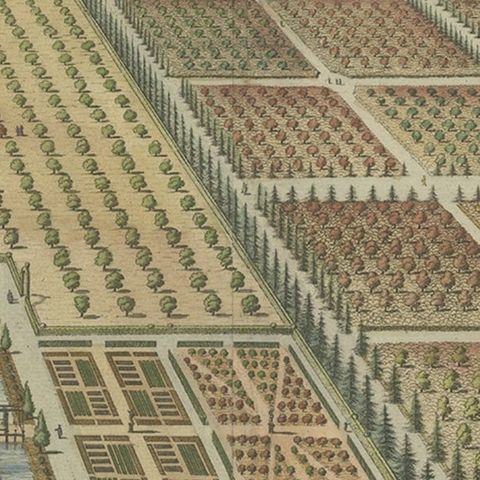 Old Handcolored Print of the Watervliet Estate in East Flanders, Belgium, 1696, close-up 3