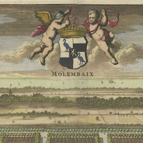 Old Decorative Handcolored Engraving of the Molenbaix Estate in Belgium, 1696, close-up 1