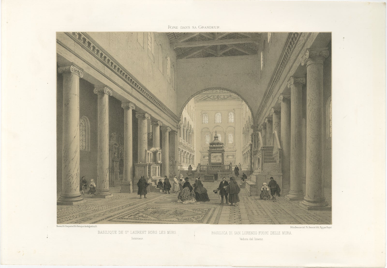 Basilica of San Lorenzo fuori le Mura Interior, Rome, Benoist 1869 Lithograph