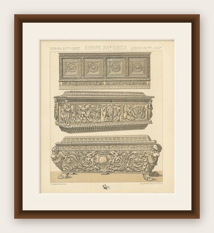 Pl. 53 Antique Print of European 16th Century Furniture by Racinet, circa 1880, shown framed