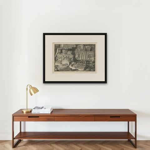 Architectural Fragments of Écouen Castle, Engraving by Baltard, c.1800, shown framed on a wall, true to size