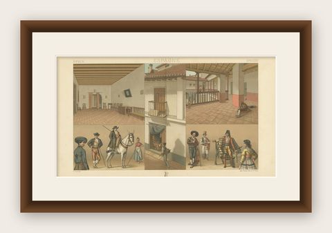 Antique Print of Spanish Scenes and Interior by Racinet, 'circa 1880', shown framed