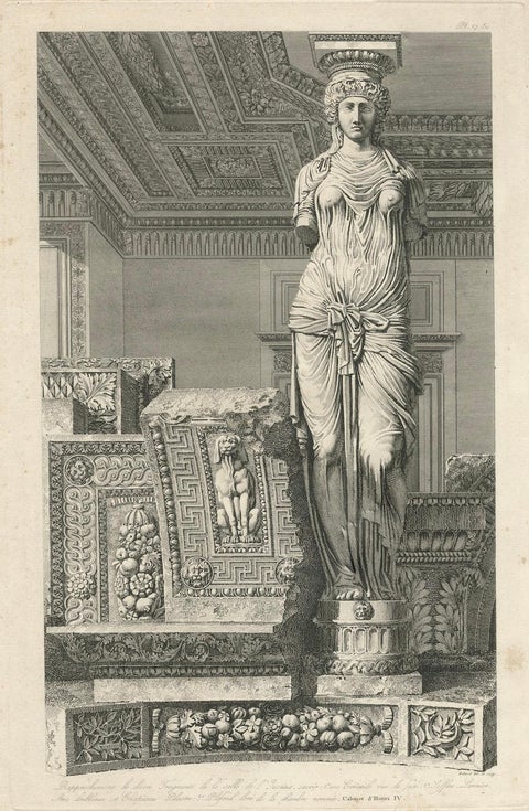 Architectural Engraving of a Caryatid, Cabinet d'Henri IV, by Baltard, ca.1800, close-up 1