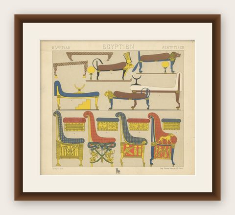 Pl. 4 Antique Print of Egyptian Furniture by Racinet, 'circa 1880', shown framed