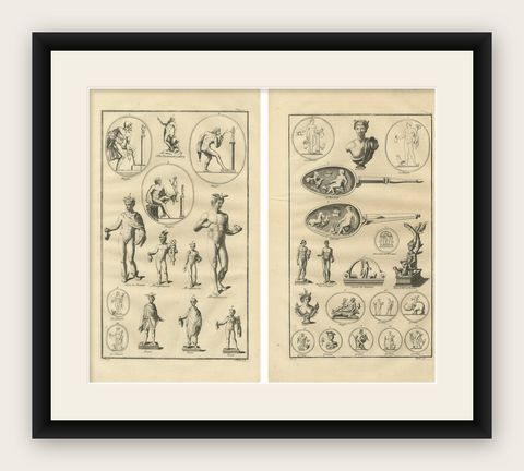 Pair of Roman Classical Sculpture Engravings, Montfaucon Antiquity, c.1721, shown framed