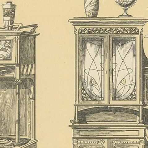 Pl. 66 Antique Print of Library Furniture by Kramer, circa 1910, close-up 2
