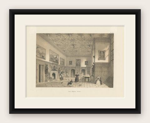 Antique Print of the Great Hall of Parham House by Nash, circa 1870, shown framed