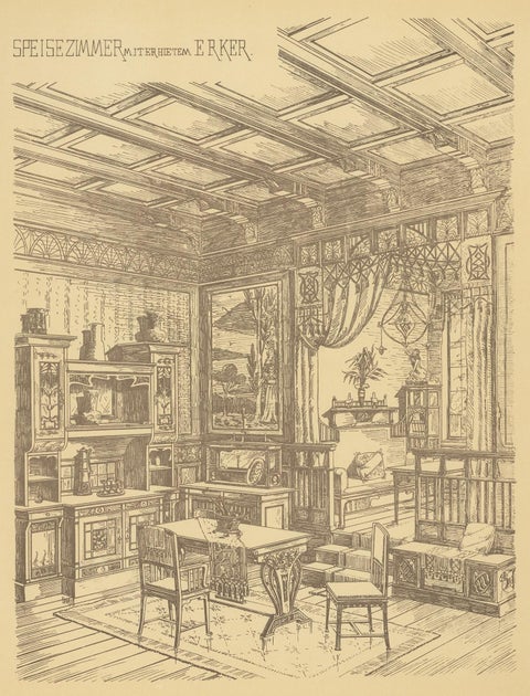 Pl. 43 Antique Print of a Dining Room with Bay Window by Kramer, circa 1910, view 4