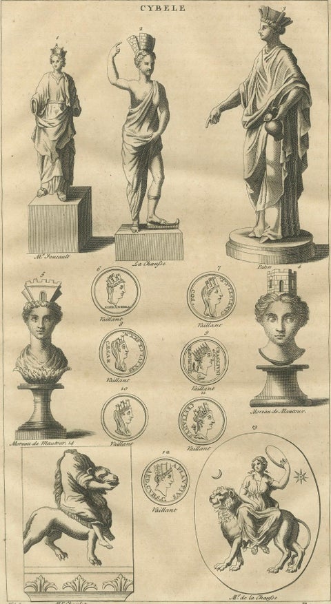 Cybele, Magna Mater, Classical Goddess Statues and Medals, Montfaucon, 1721, close-up 5