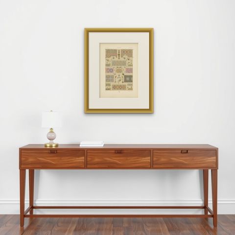 Pl. 64 Antique Print of Russian Interlace & Other Ornaments, Racinet, circa 1890, shown framed on a wall, true to size