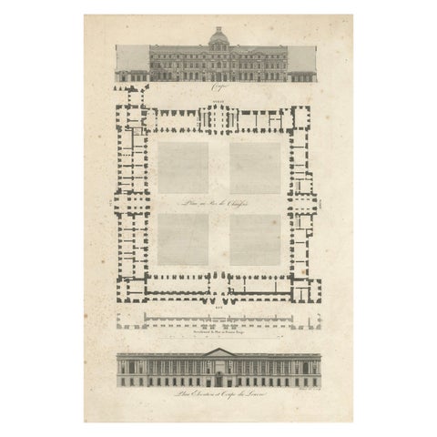 Plan, Elevation et Coupe du Louvre, Architectural Engraving by Baltard, c.1799