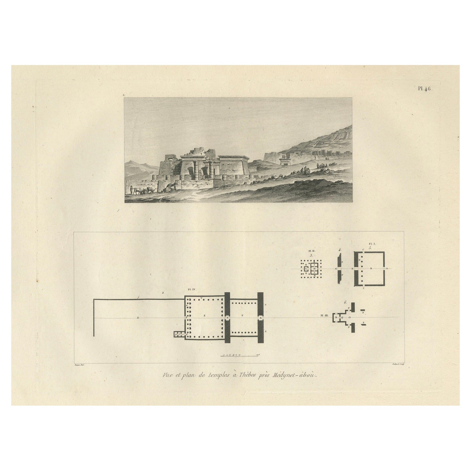 Temple Ruins at Thebes with Architectural Plan, Egypt, Antique Engraving, c.1802