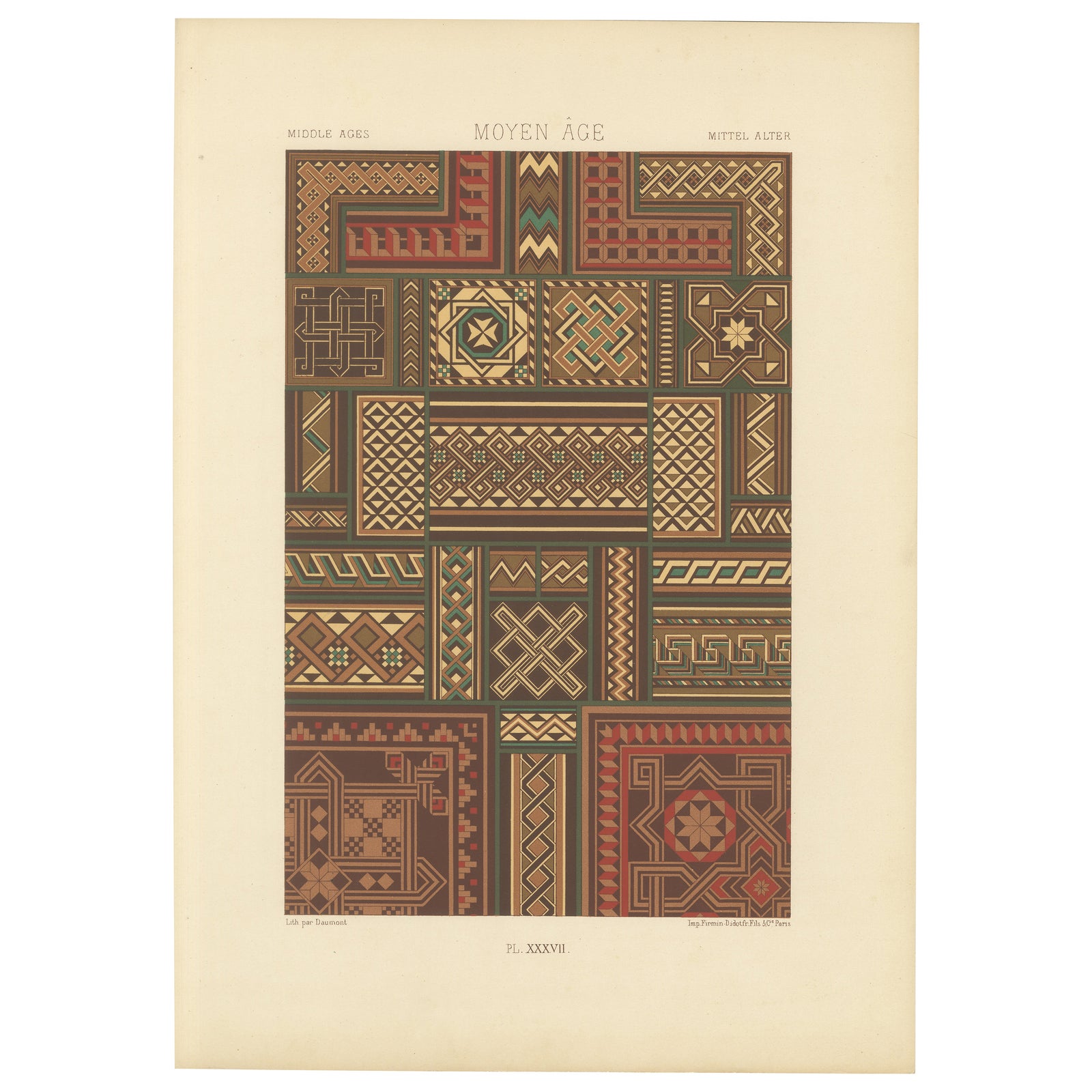 Middle Ages Interlace Motifs, Antique Print of Medieval Knotwork Patterns, 1869