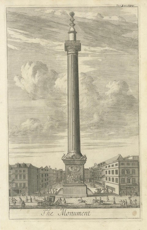 Historic 1720 Engraving of The Monument, London Bridge Ward, close-up 1