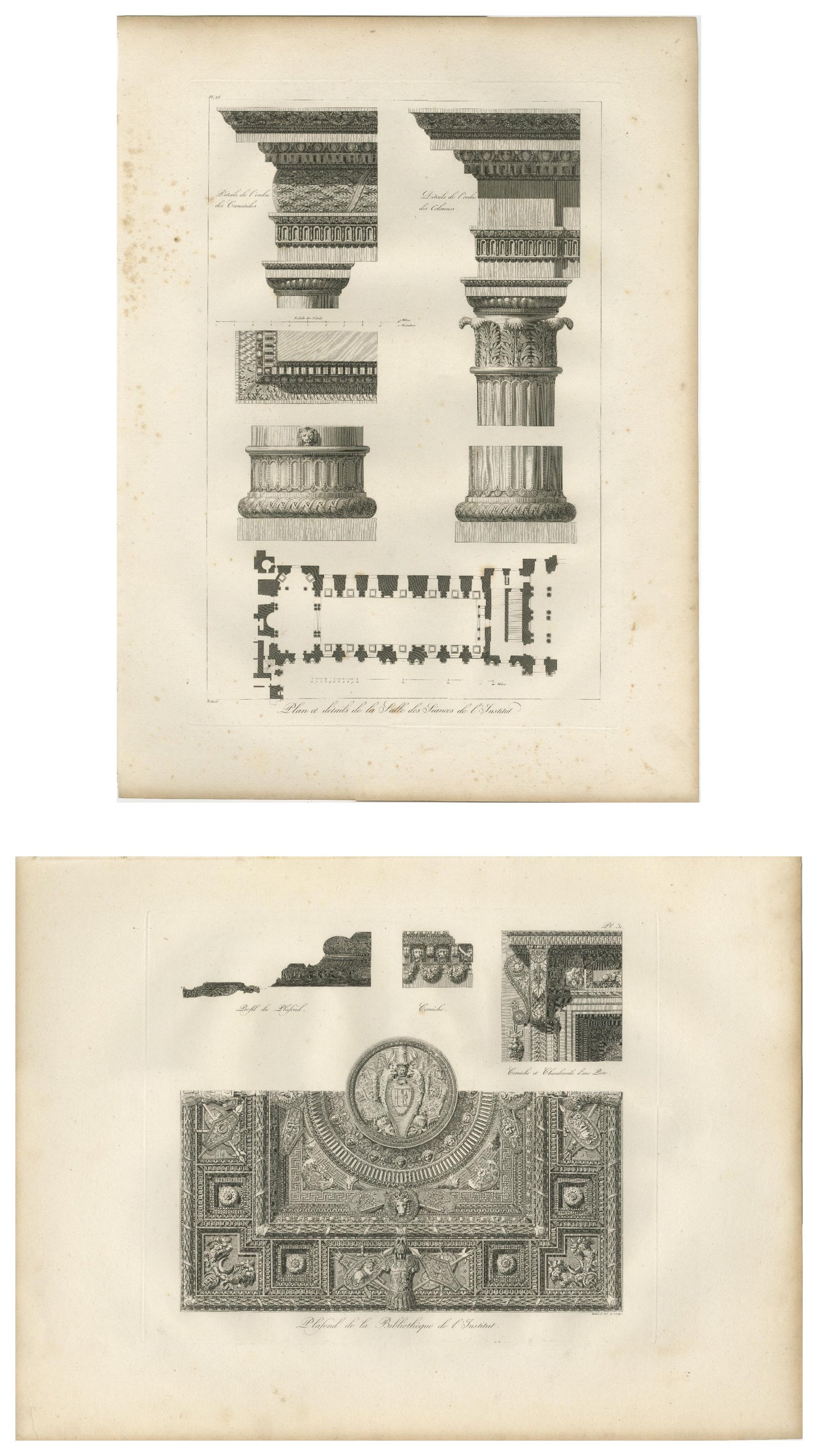Two Antique Louvre Architectural Study Prints, Institut Details, Baltard 1803