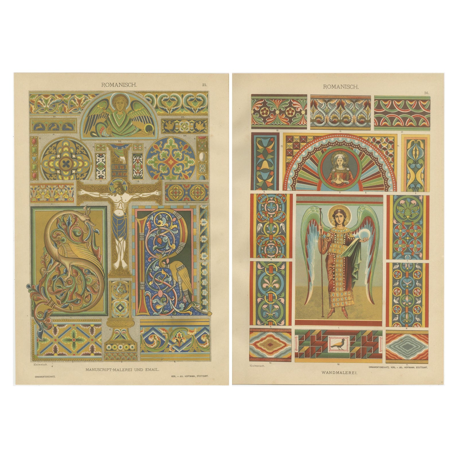 Romanesque Decorative Prints by H. Dolmetsch, 1887, Manuscript and Mural Designs