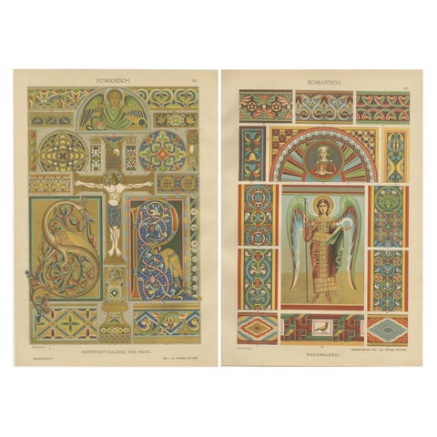 Romanesque Decorative Prints by H. Dolmetsch, 1887, Manuscript and Mural Designs