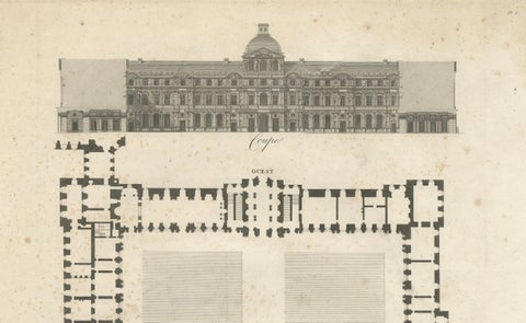 Plan, Elevation et Coupe du Louvre, Architectural Engraving by Baltard, c.1799, close-up 2